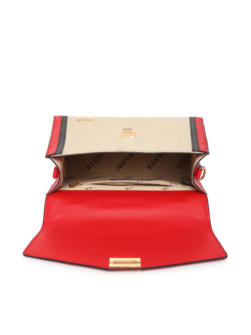 KLEIO Jute Canvas Top Handle Handbag for Women/Girls - Red and Black - Image 5